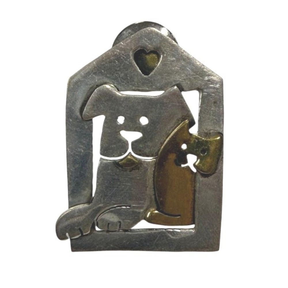 Far Fetched Mixed Brass Dog and Cat Silver Pin Whimsical Pet Lover Brooch